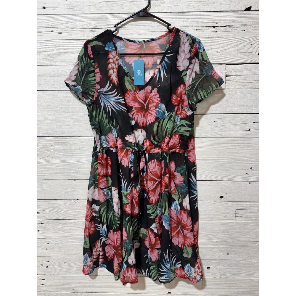 Cupshe Swim Cover Up Women Large Black Tropical Floral NWT Mesh V-Neck Dress - Picture 2 of 5